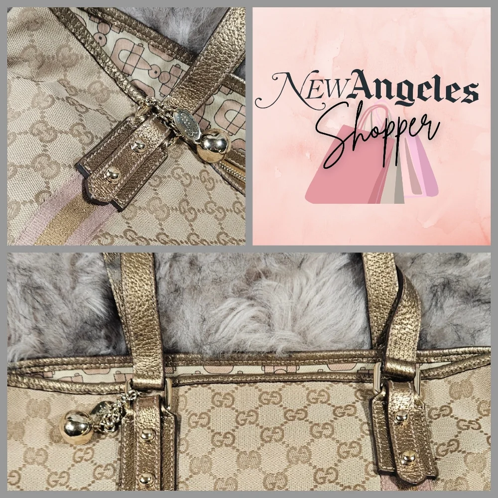 GUCCI Monogram Charm Small Tote Pink and Tan with Metalic Gold Straps - Picture 2 of 12